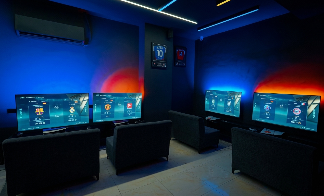 PS5 lounge with four big screens and armchairs