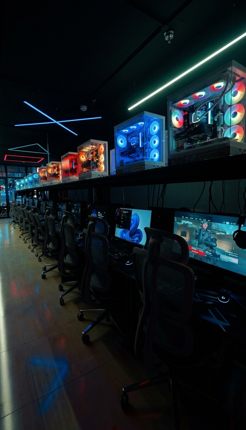 A long row of gaming PCs under glowing neon lights
