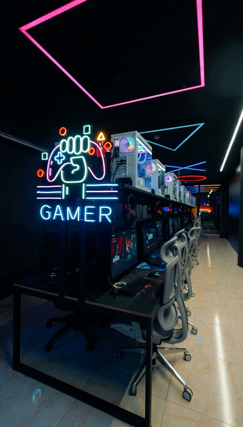 Row of gaming PCs with RGB lighting at Malik Game Center
